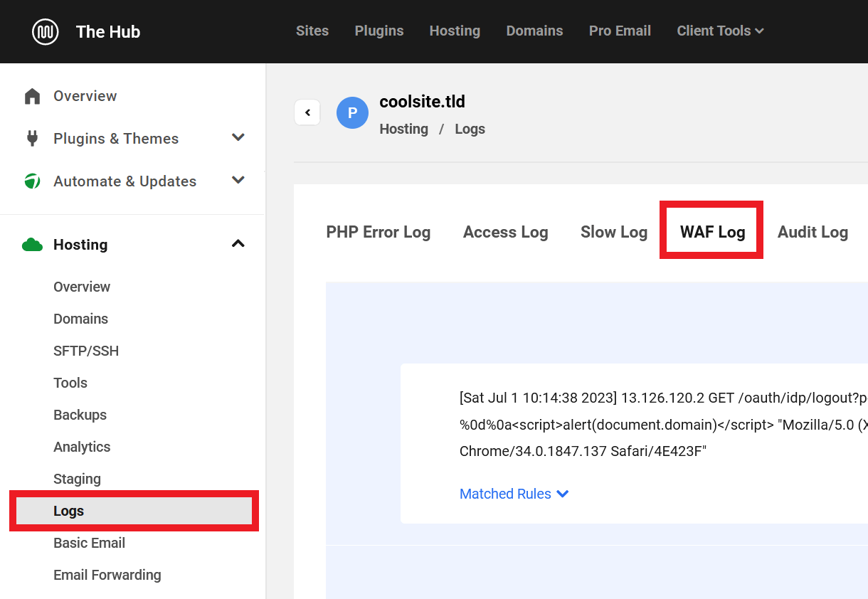 Location of WAF logs for a hosted site