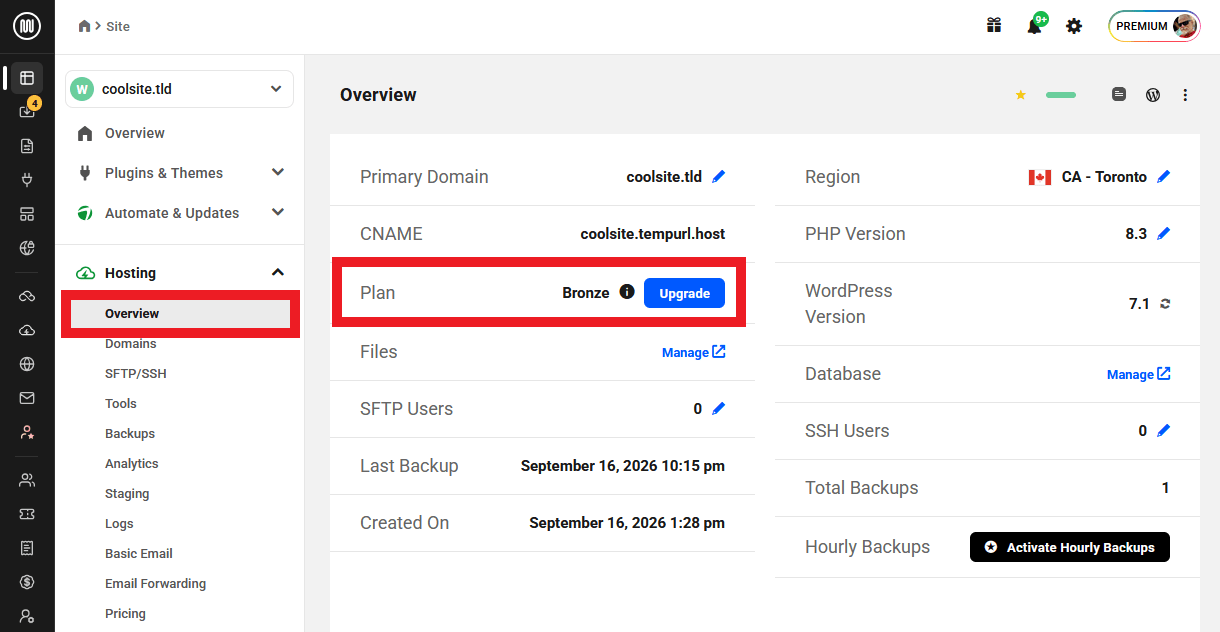 Upgrade the current WPMU DEV hosting plan for a site