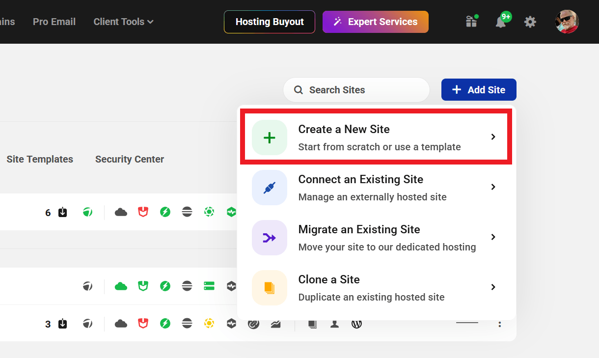Create a new WPMU DEV hosted site in The Hub