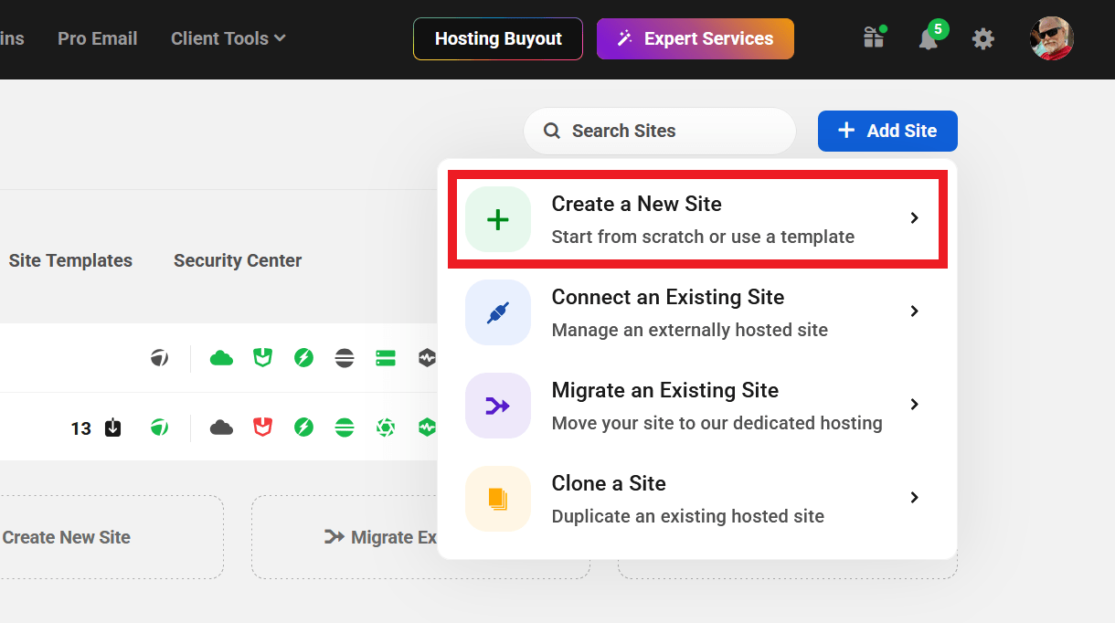 Create a new WPMU DEV hosted site in The Hub