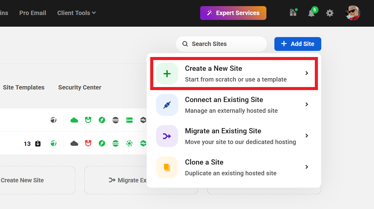 Create a new WPMU DEV hosted site in The Hub