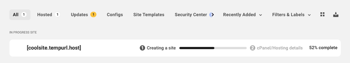 New site creation progress in the Hub