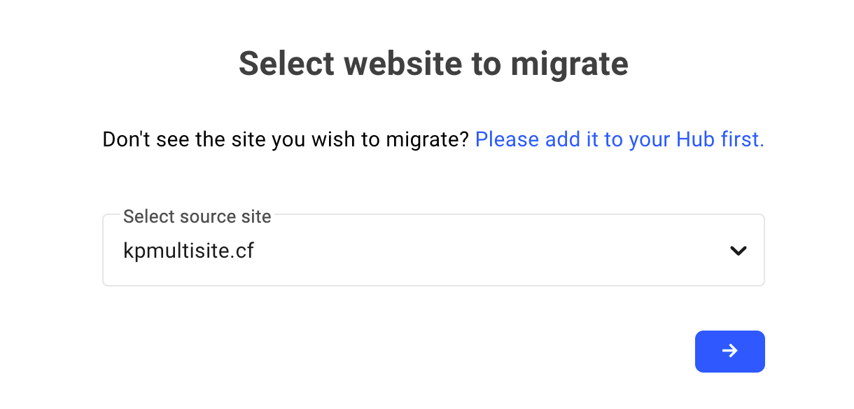 Select site to migrate to WPMU DEV