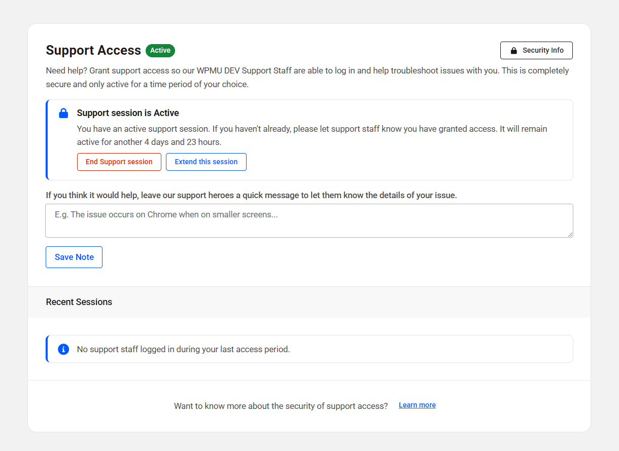 Support access enabled in WPMU DEV Dashboard