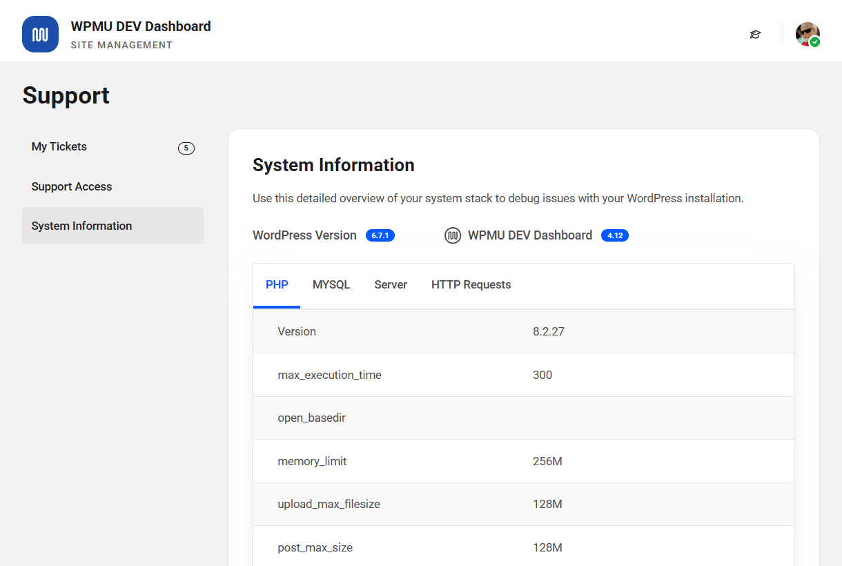 System information in WPMU DEV Dashboard