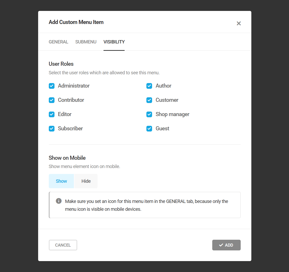 Set visibility of custom menu items added to the toolbar in Branda