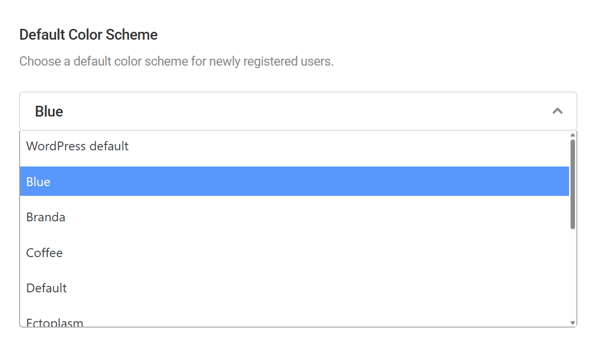 Select a default admin color scheme in Branda