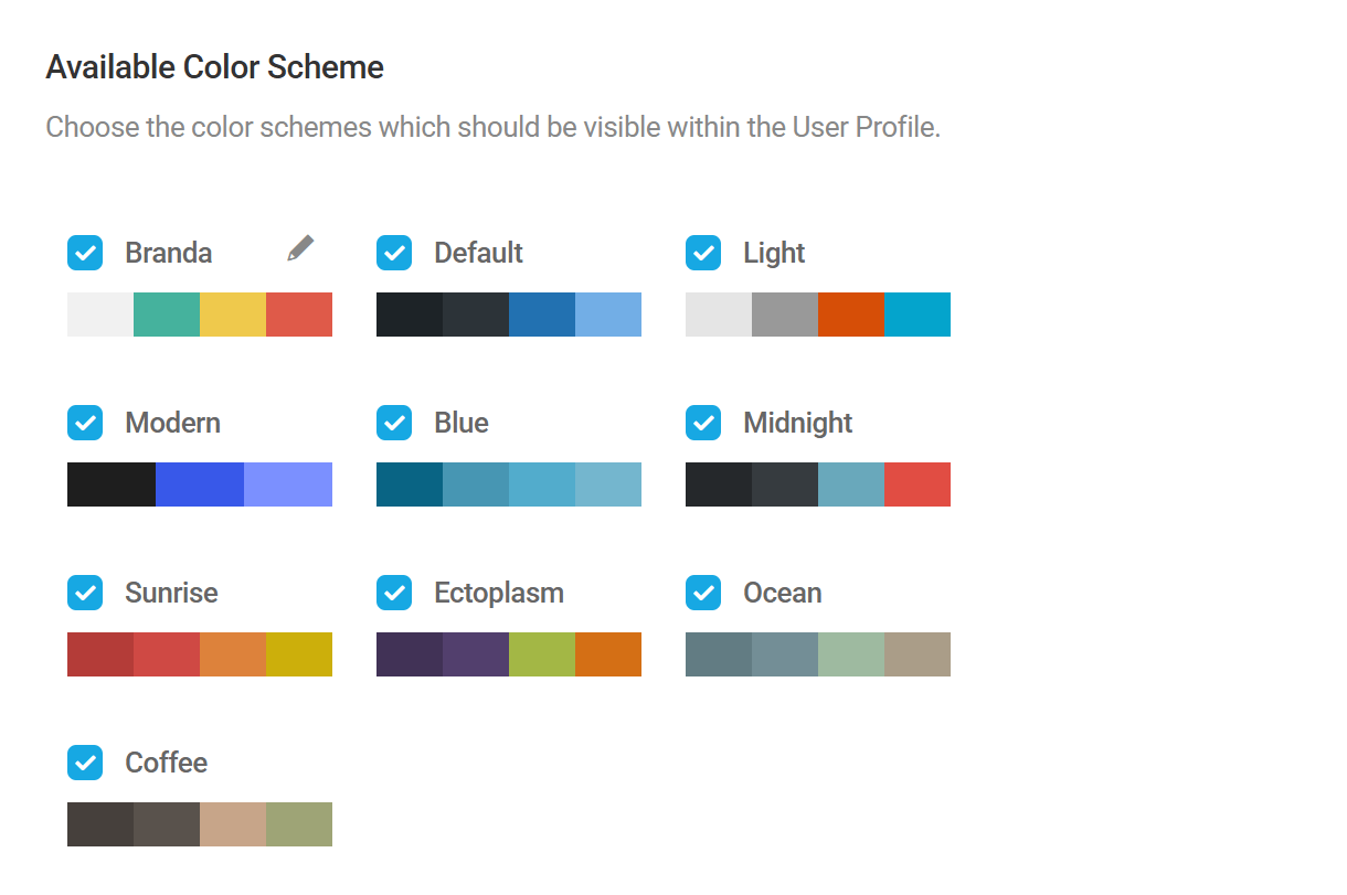 Available admin color schemes in Branda