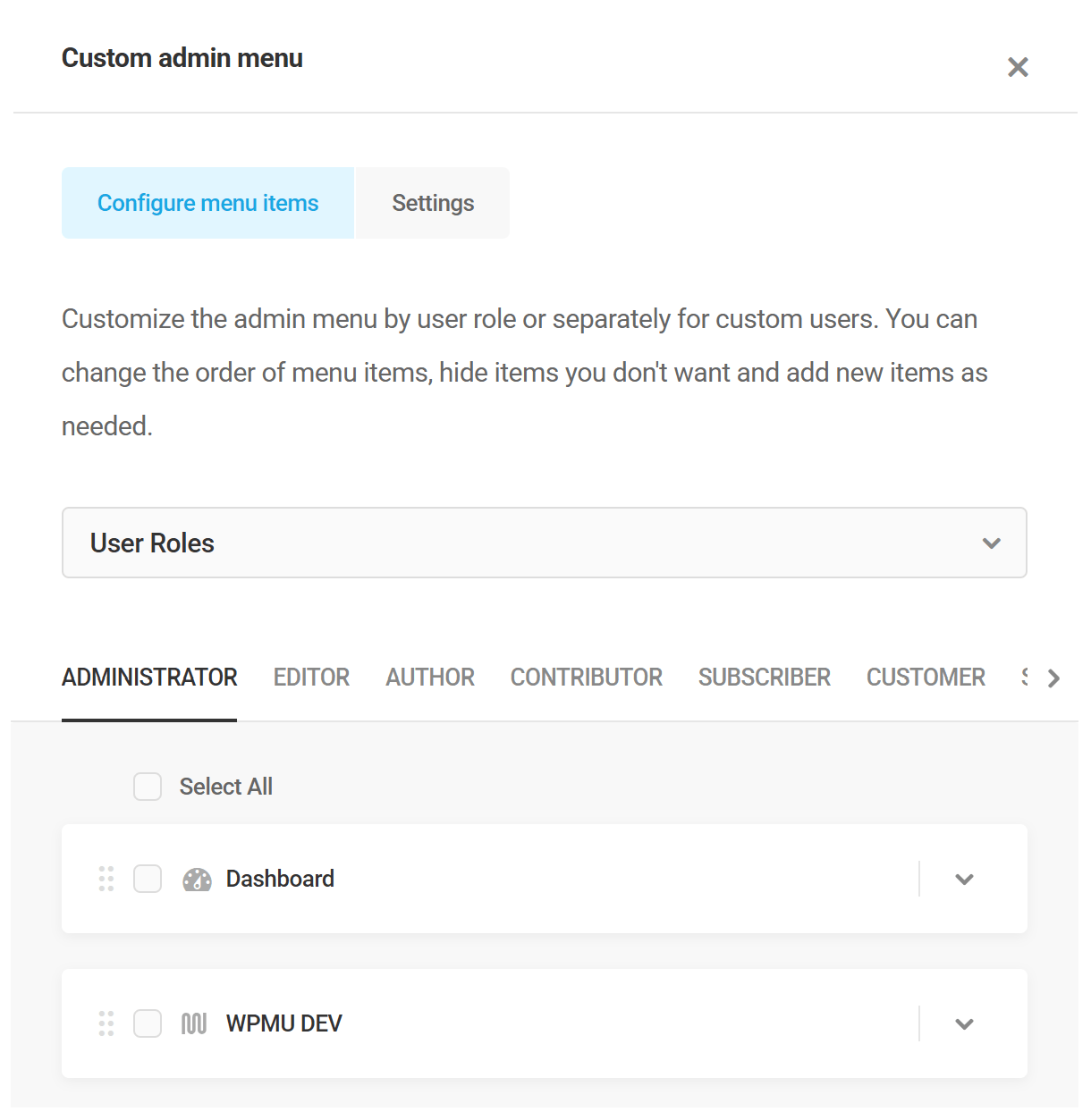 Customize the admin menu per role in Branda