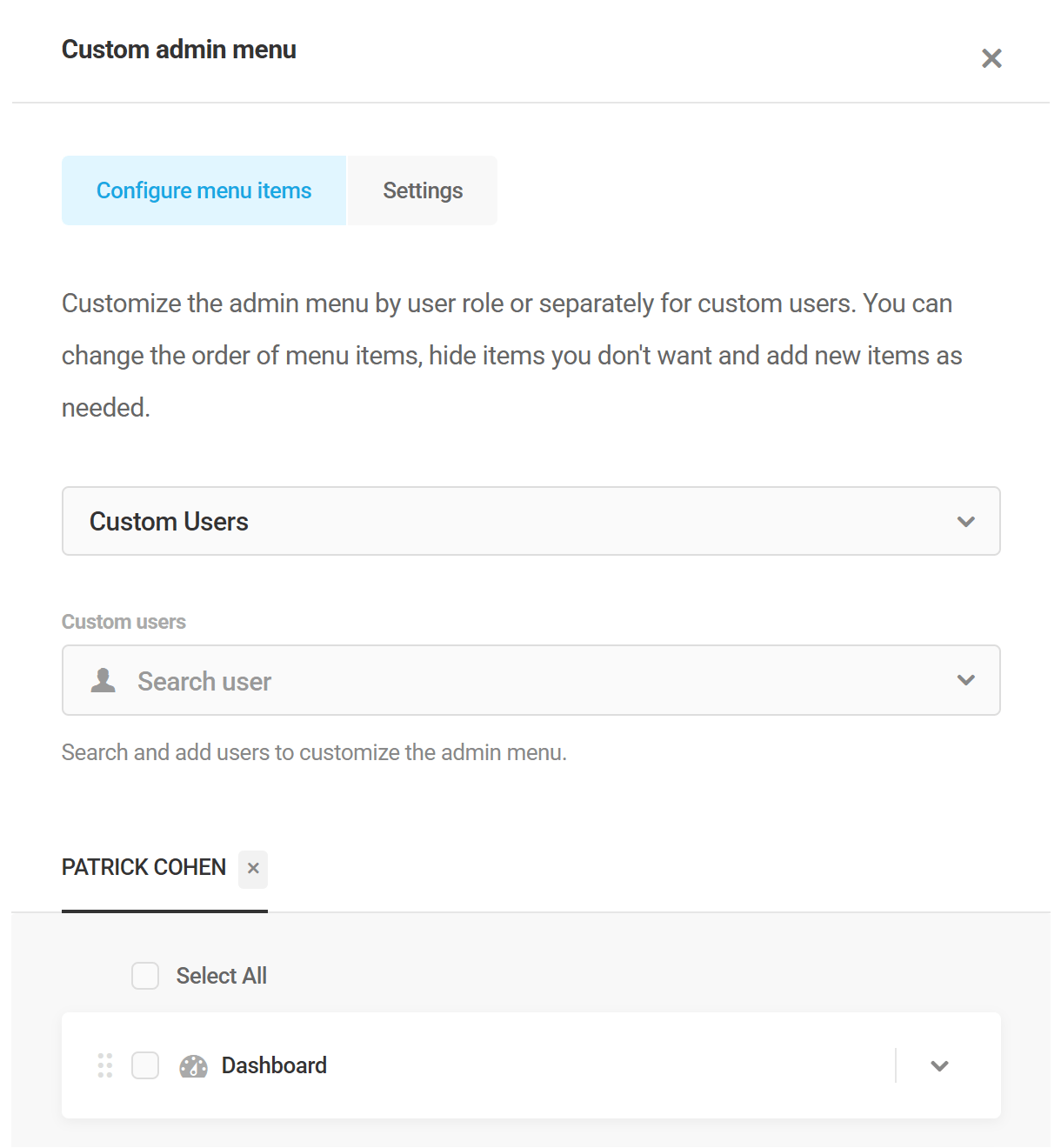 Customize the admin menu per user in Branda