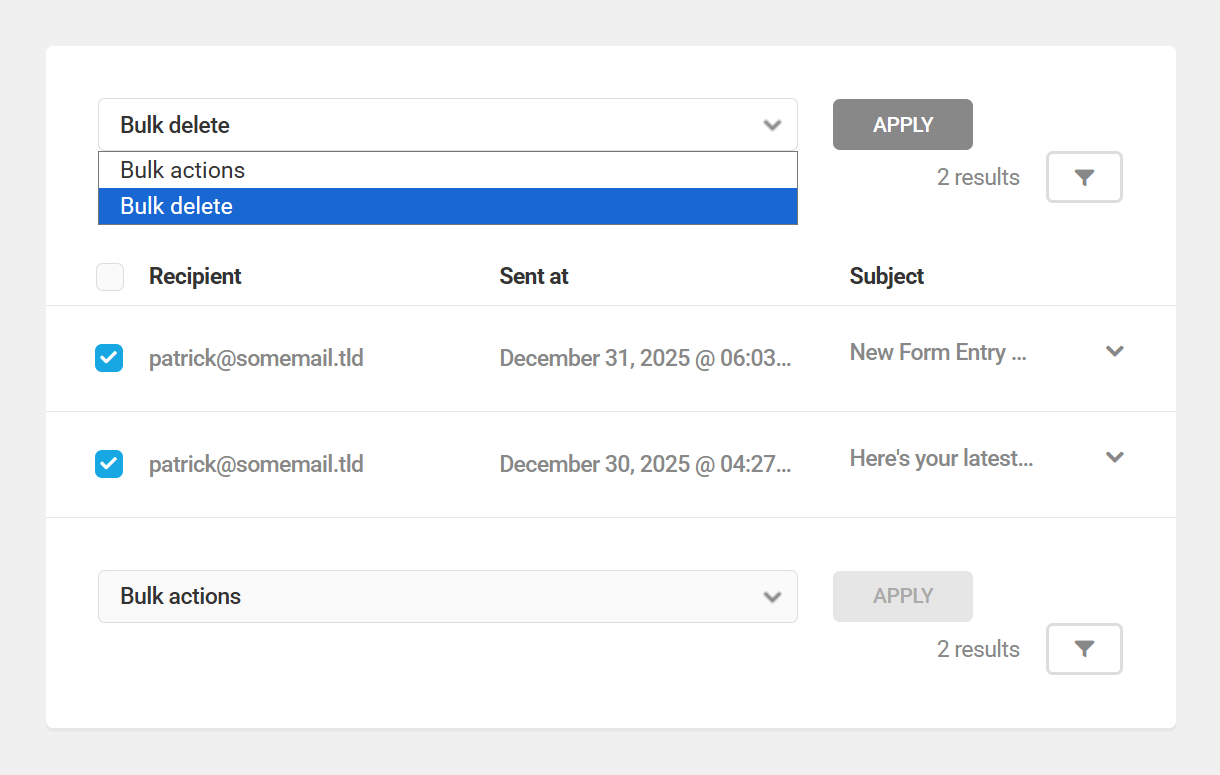 Bulk actions in Branda Email Logs module