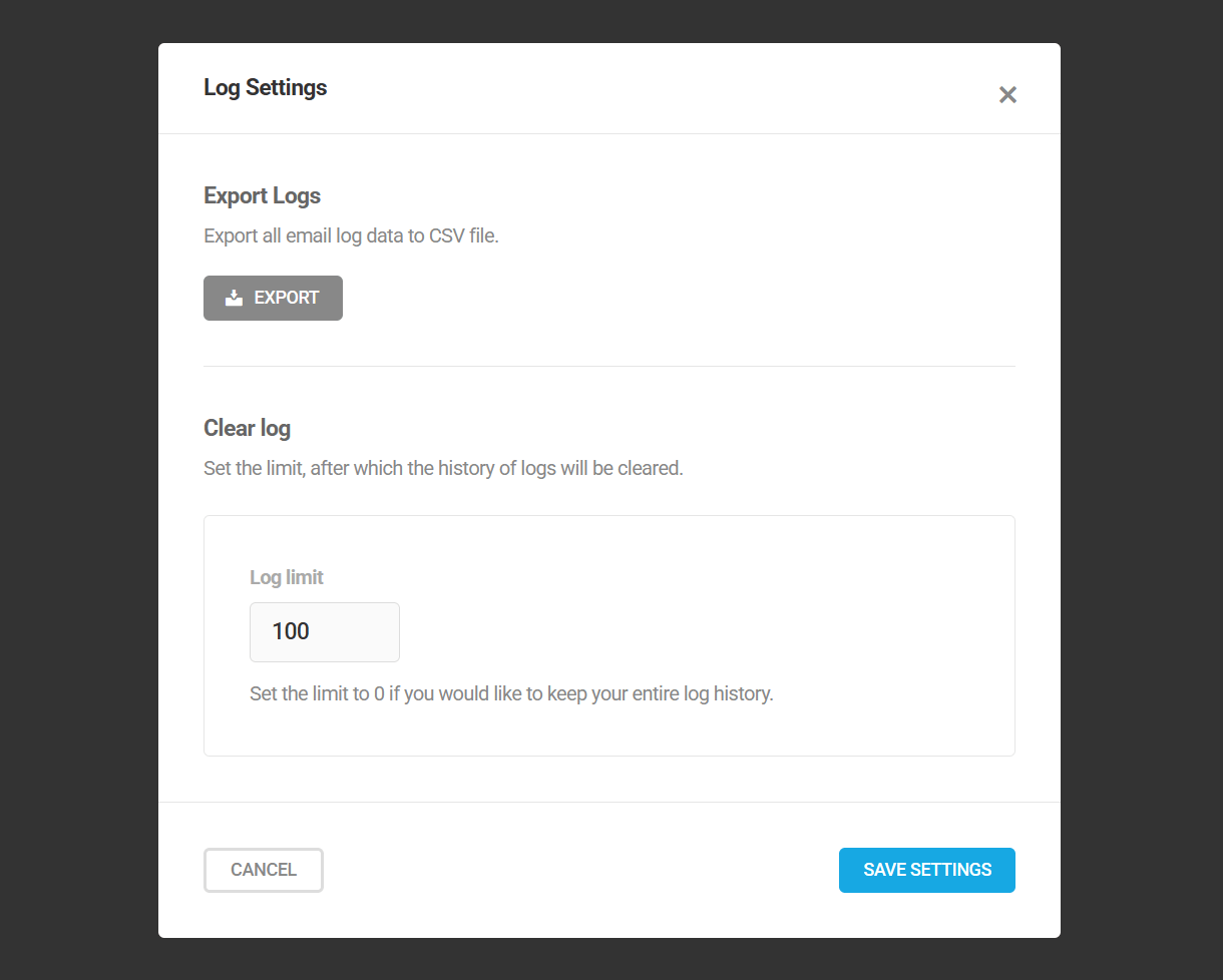 Email Logs module settings in Branda