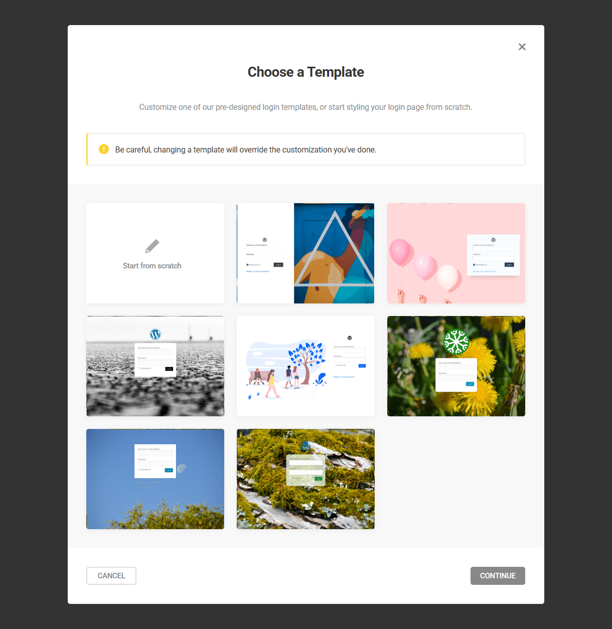 Select a login screen template in Branda
