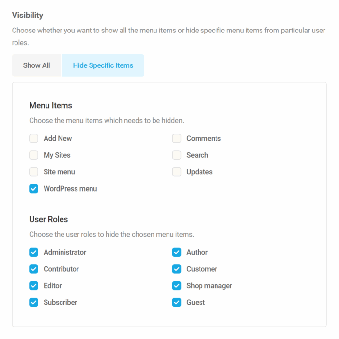 Set menu item visibility per user role in Branda