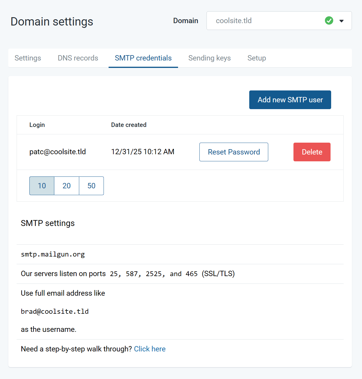 Mailgun SMTP server settings