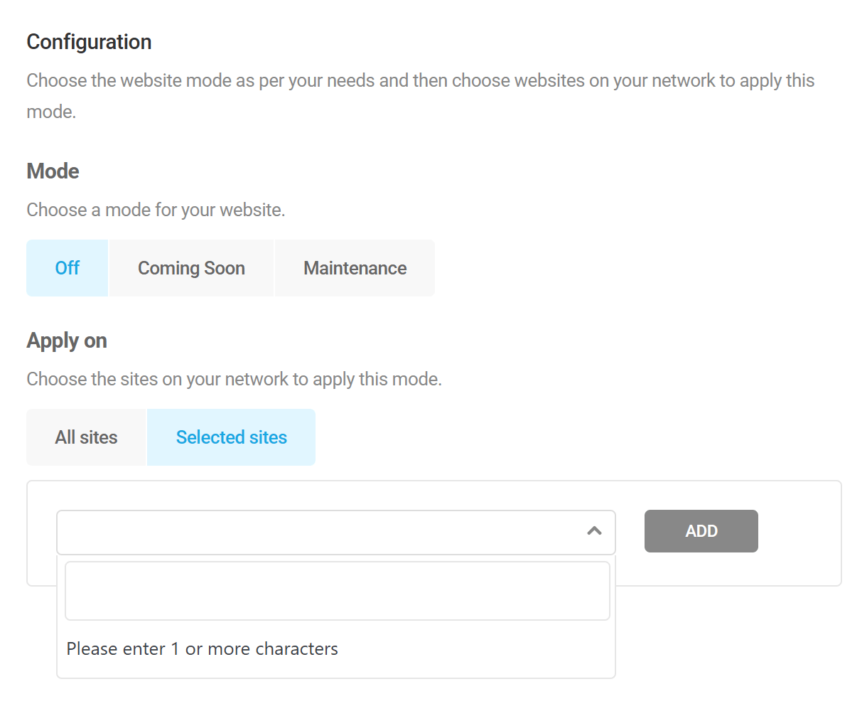 Branda website mode configuration options