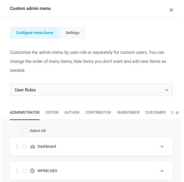 custom admin menu user roles