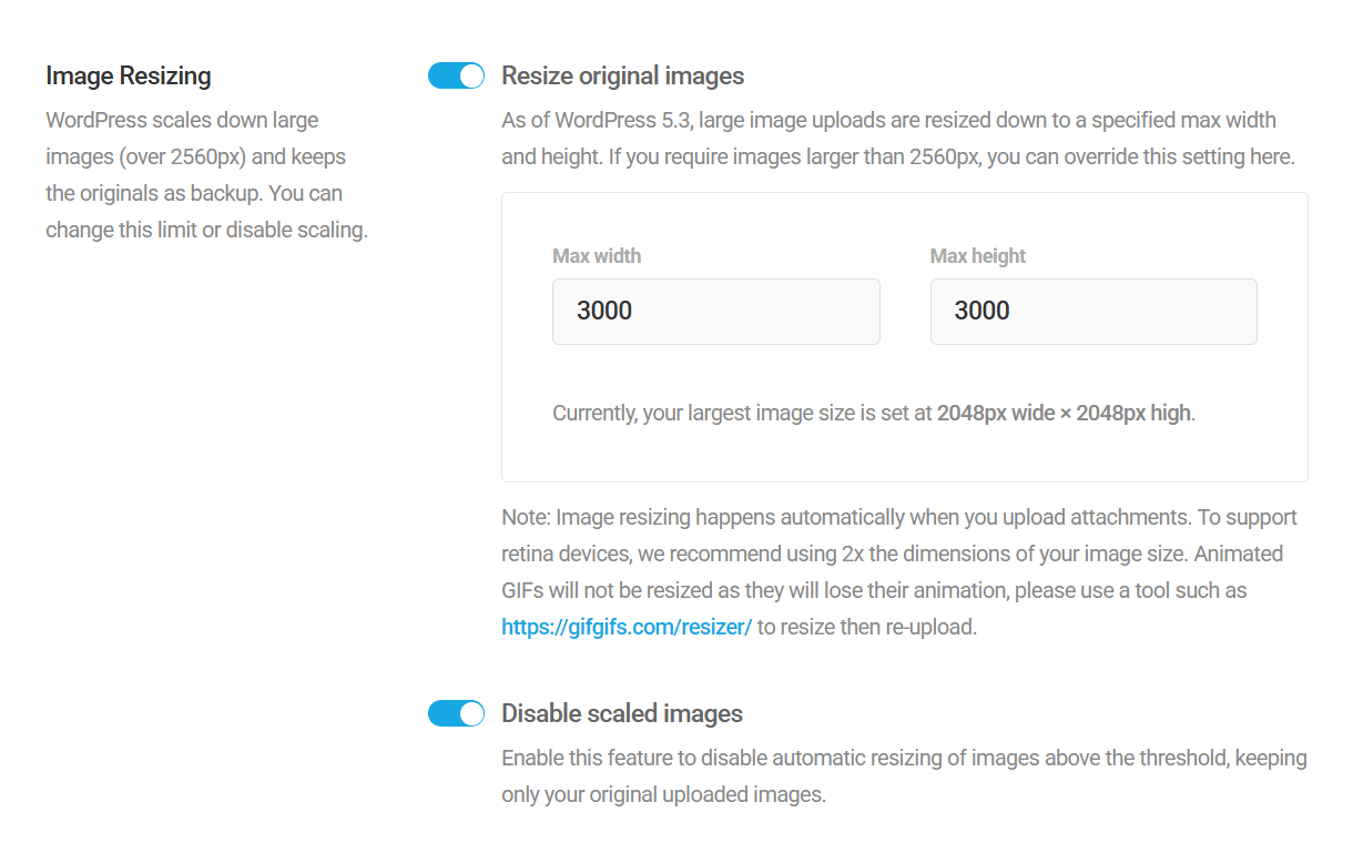 Smush image resizing options