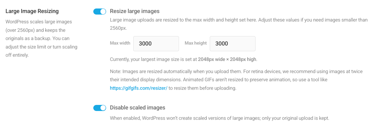 Smush image resizing options