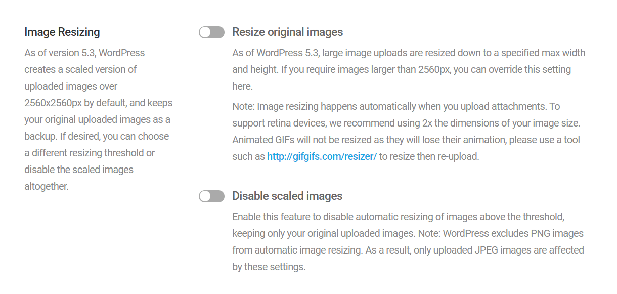 Image resizing options in Smush