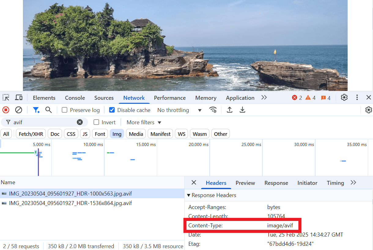 Verify next-gen format headers in browser console