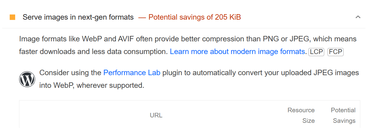 Google PageSpeed next-gen image metric