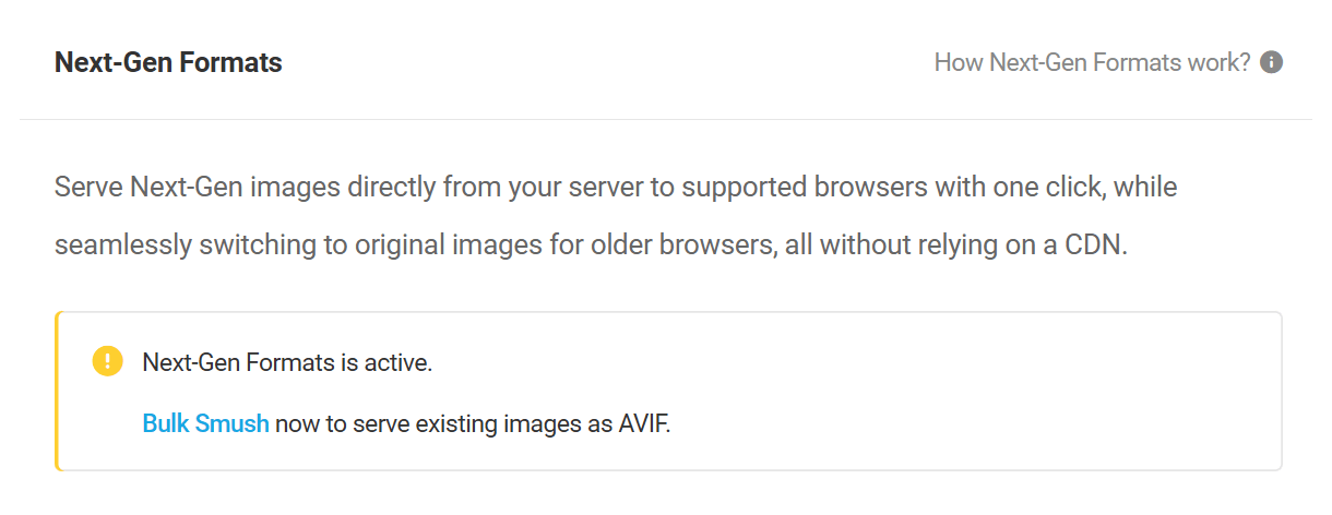 Smush Next-Gen Formats status message