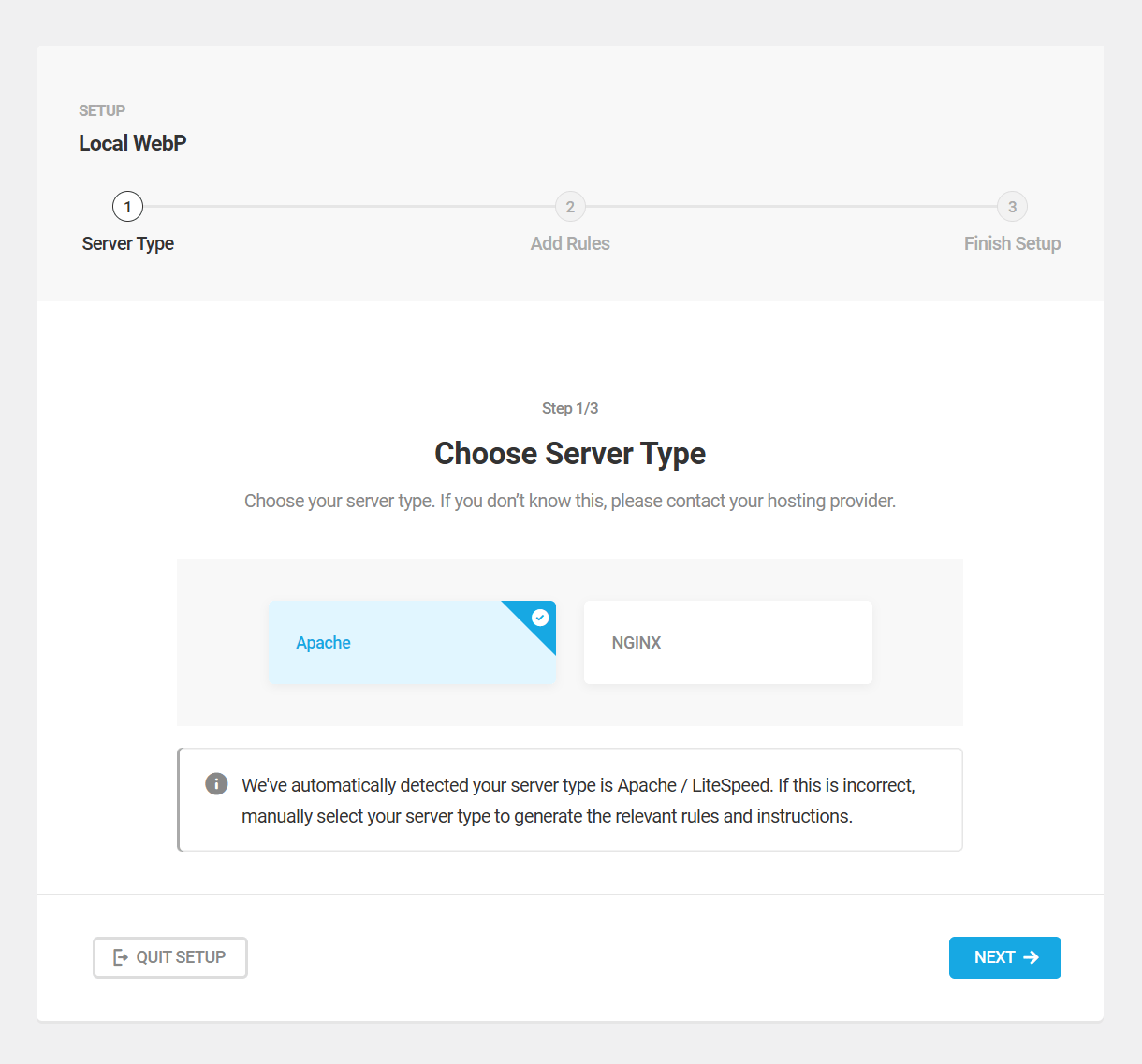 Smush WebP server conversion wizard step one