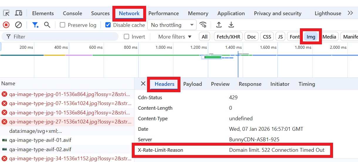 Rate limit headers shown in browser console