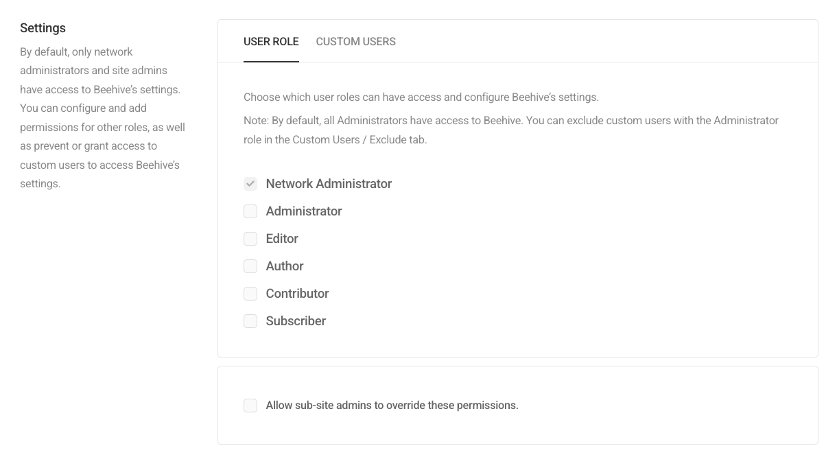 Beehive user role settings
