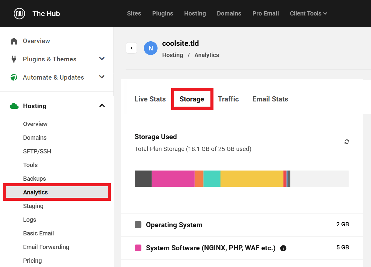 Storage info for a WPMU DEV hosted site in the Hub