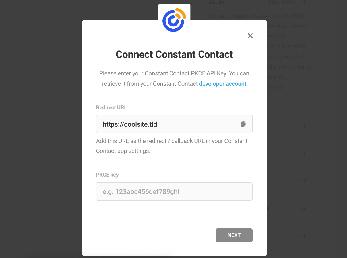 Add Constant Contact integration API key manually