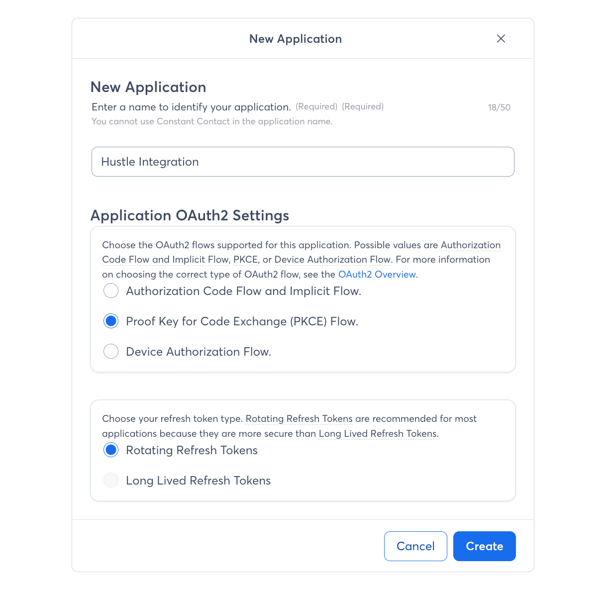Create new application and add details