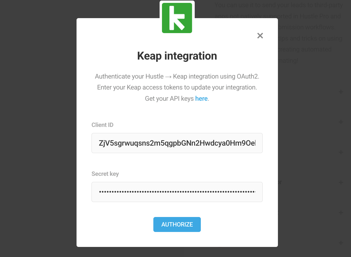 Enter the API credentials and Authorize