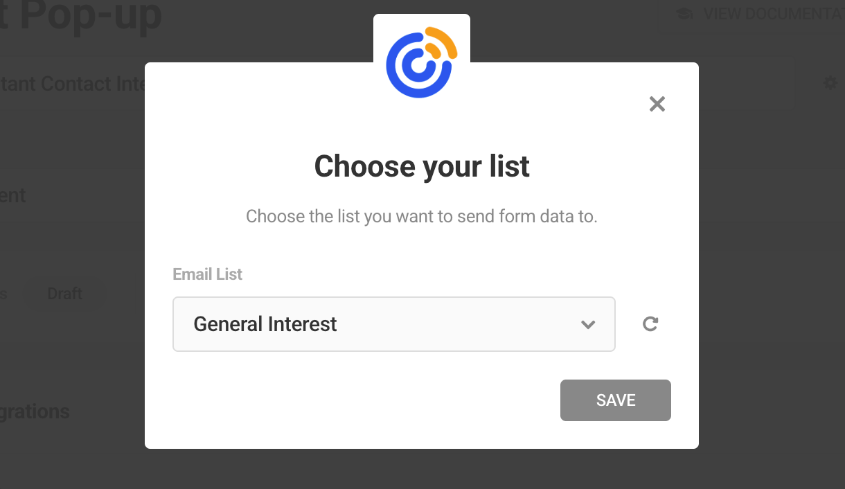 Select Constant Contact list in Hustle opt-in module