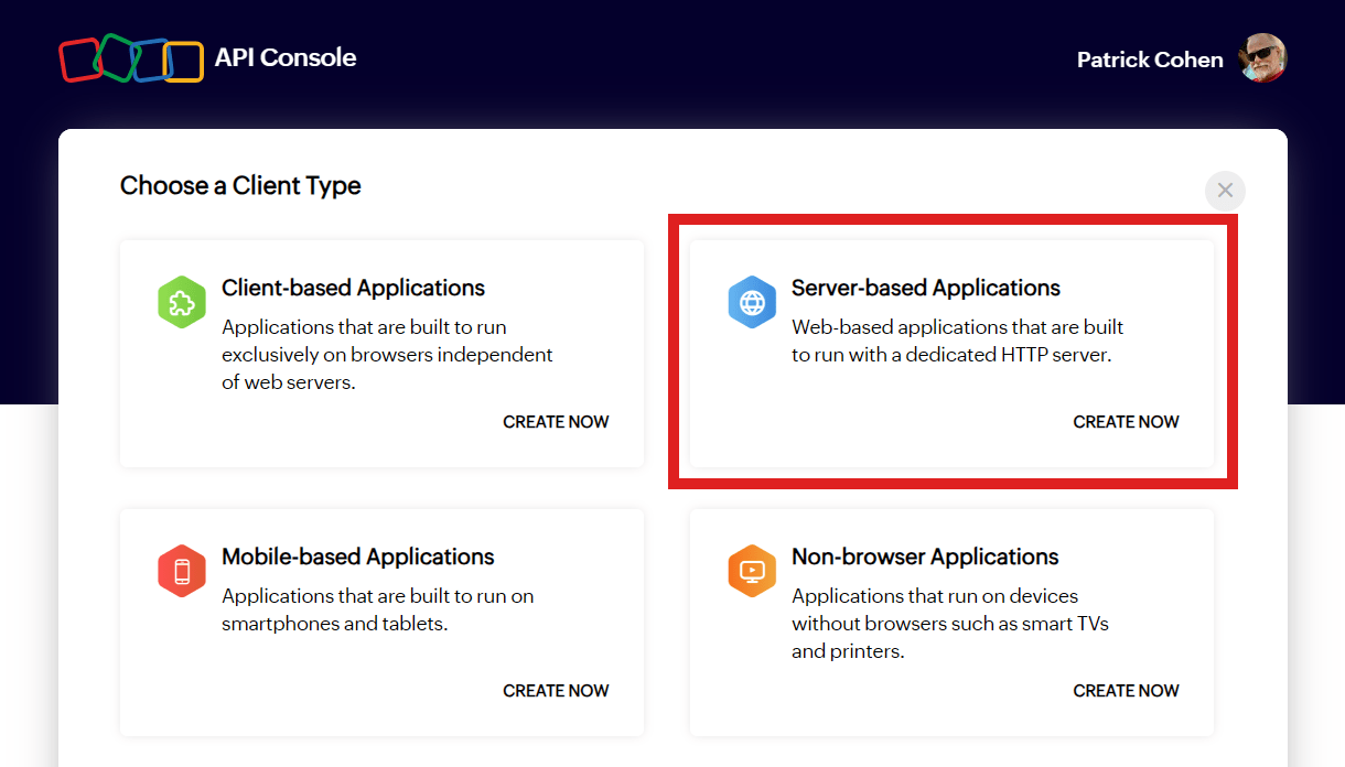 Create an app at Zoho for integration with Hustle