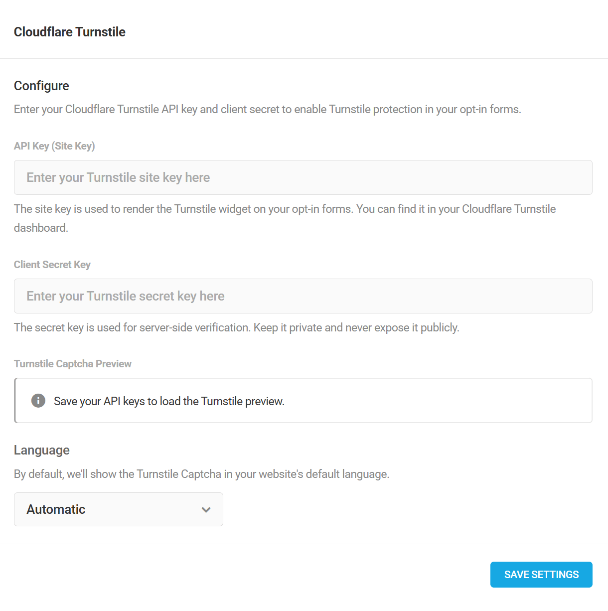 Cloudflare Turnstile settings in Hustle