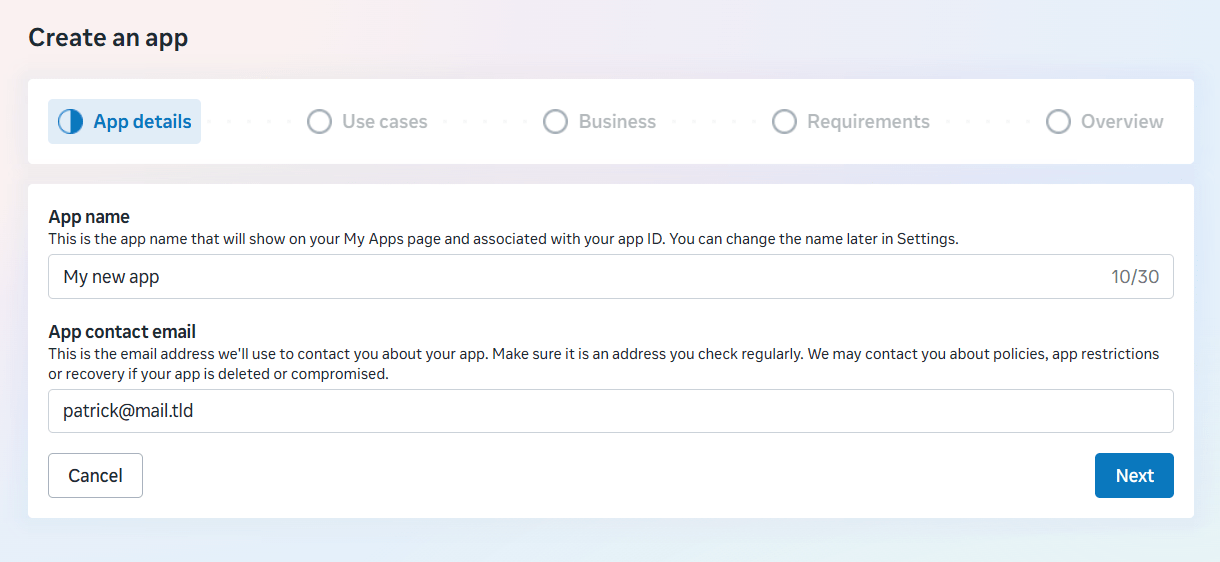 Enter details for an app at Facebook