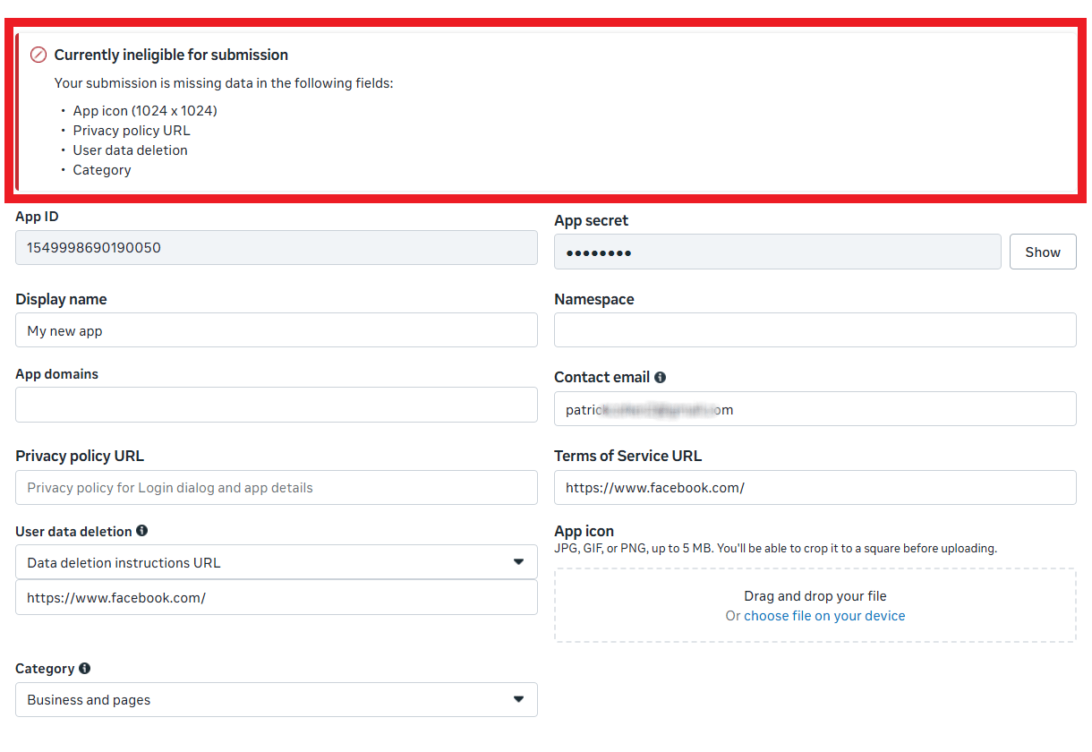 Settings screen for an app at Facebook