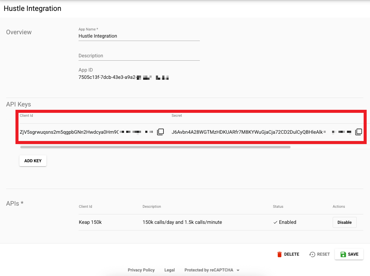 Copy API credentials