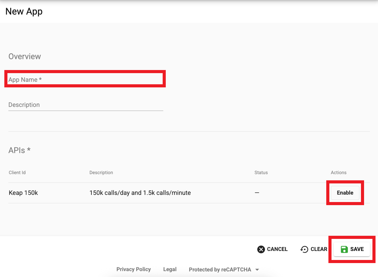 Create new app in Keap
