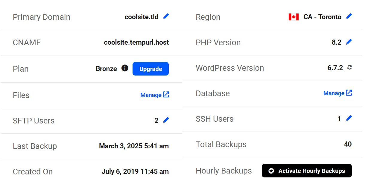 Hosting information of a site in The Hub