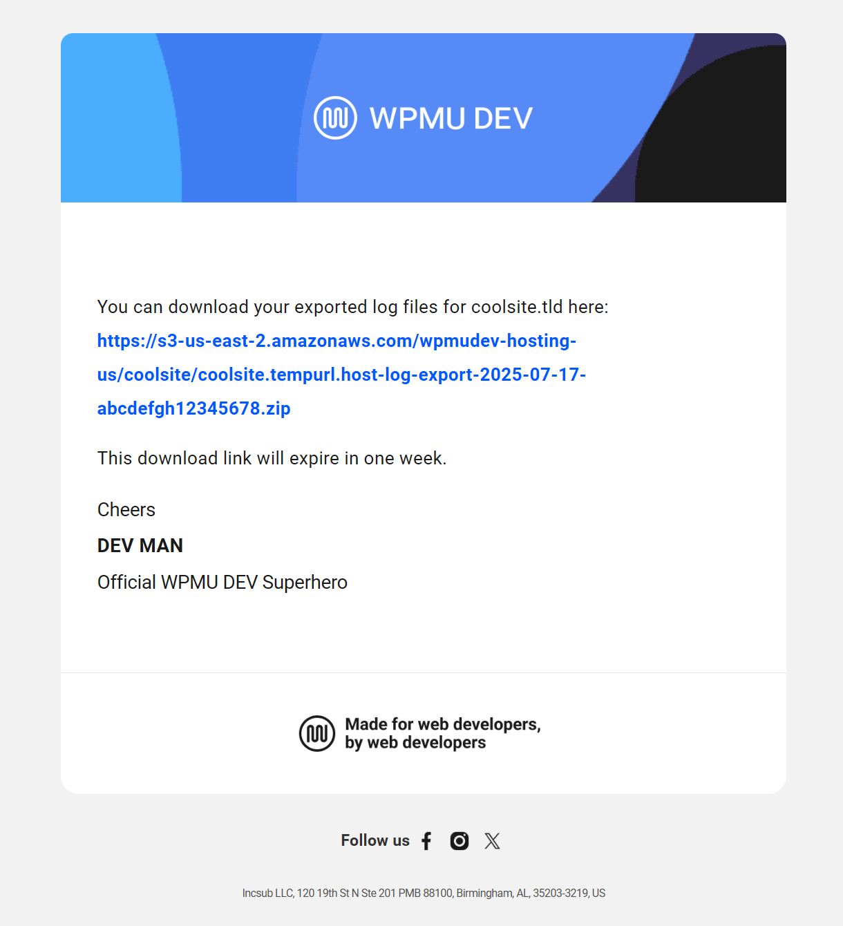 Hosting log download email