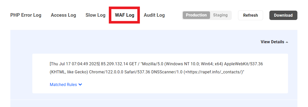 WPMU DEV WAF log