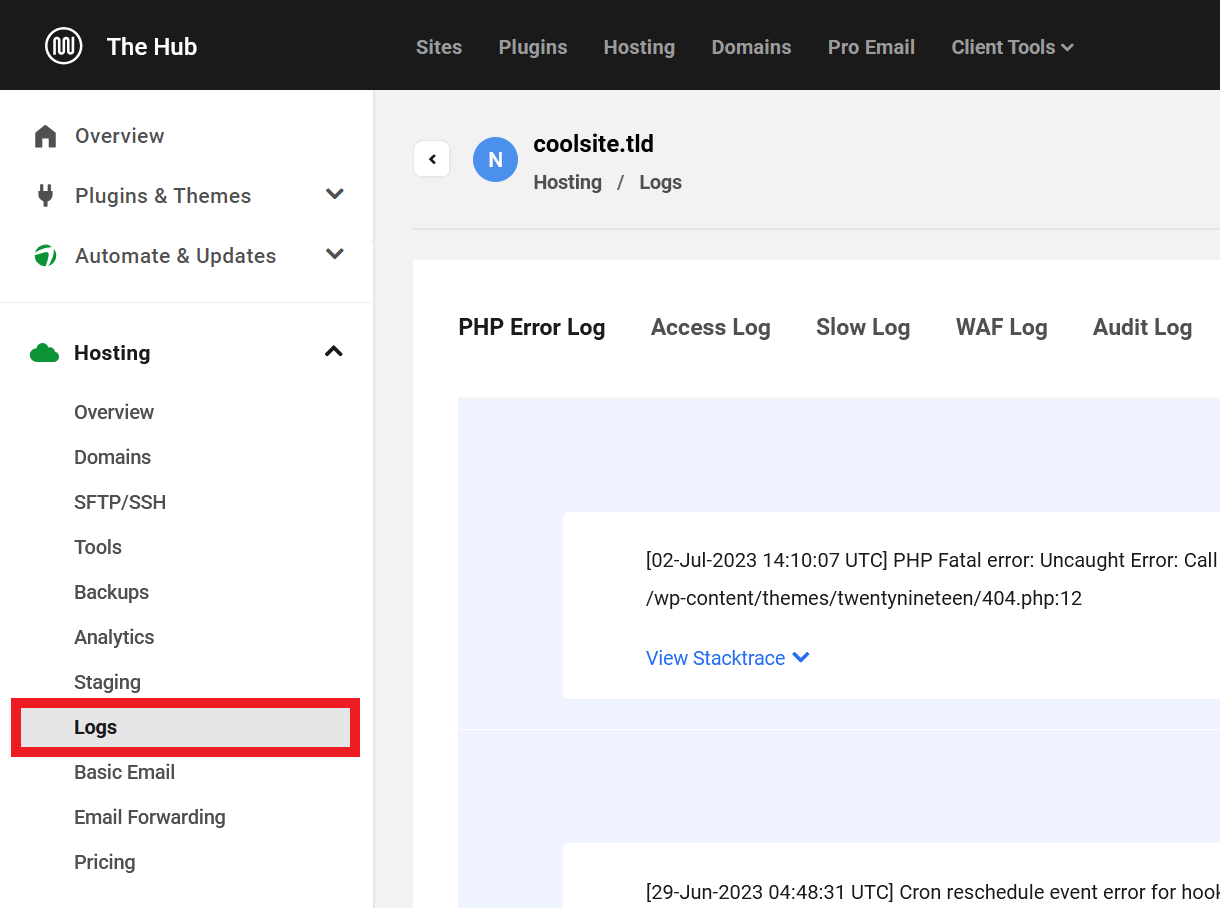 View logs for a hosted site