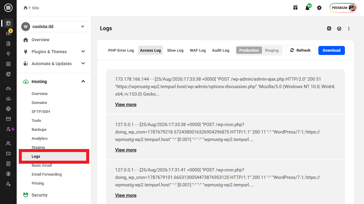 View logs for a hosted site
