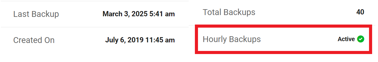 Hourly backups active in hosting overview