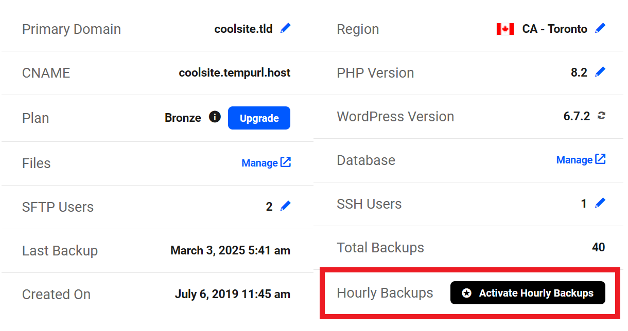 Hourly backups option in hosting overview