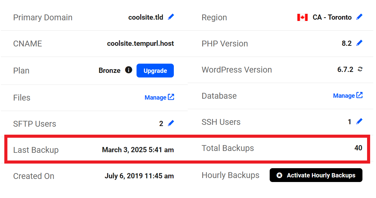 Backups information in hosting overview
