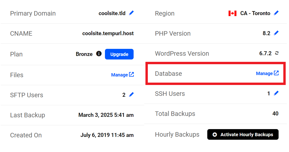 Link to database for a hosted site